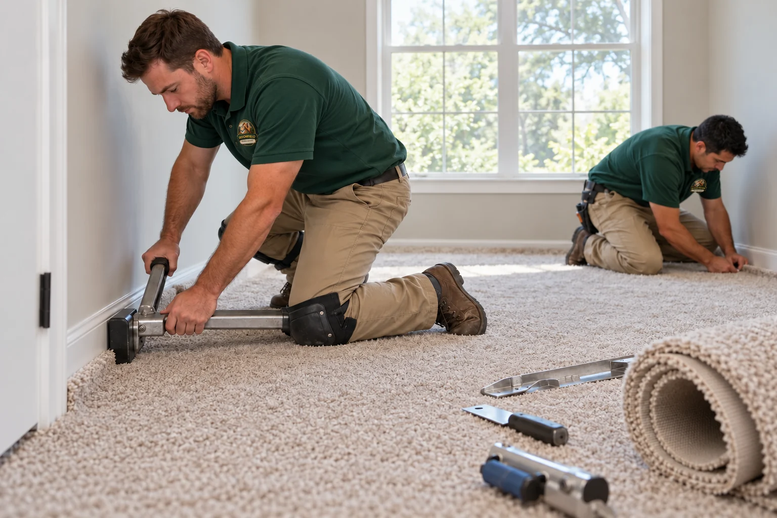 Flooring technicians fitting carpet inside a home