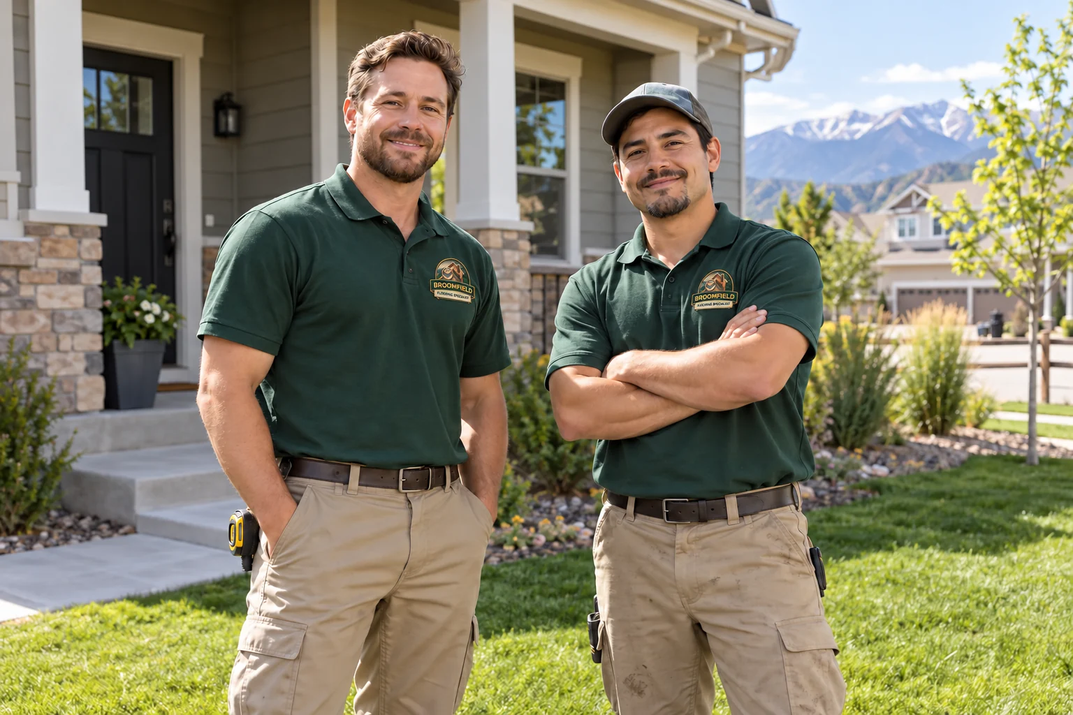 Two flooring technicians outside a home