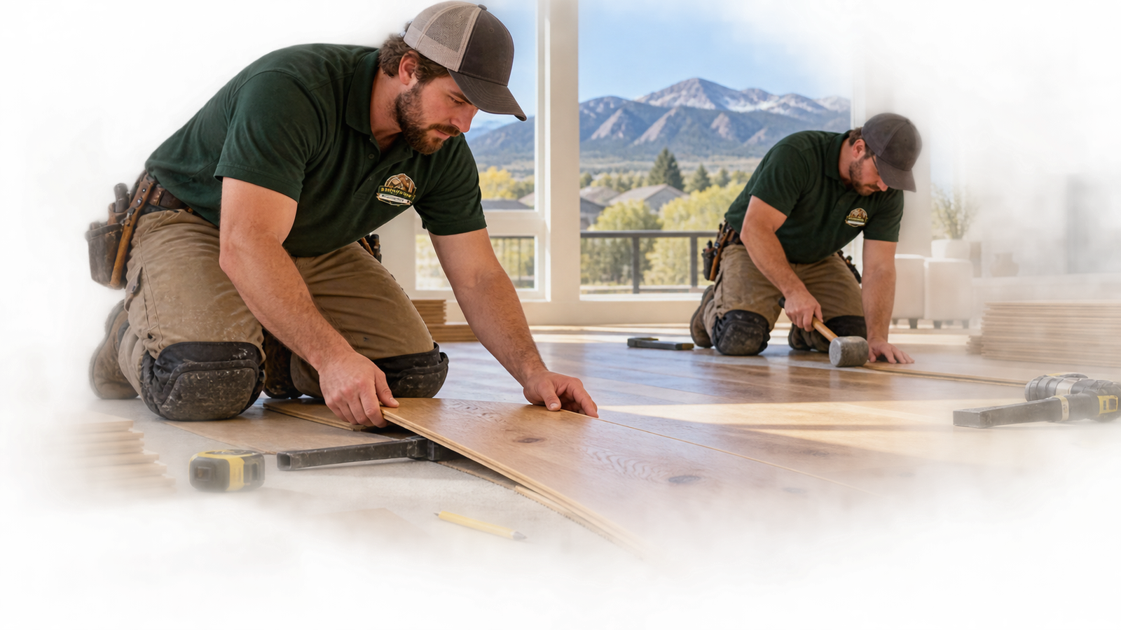 Flooring technicians installing wood planks in a home